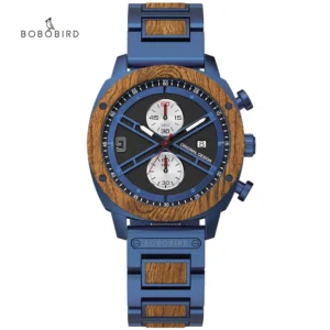 Blue wood analog chronograph watch