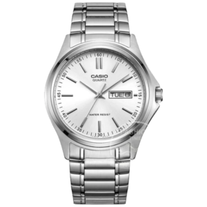 Silver quartz watch with day