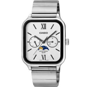 Silver square watch with moon phase