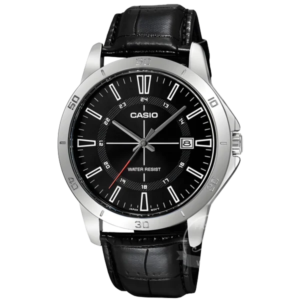 Black leather band wristwatch