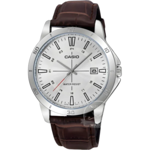 Silver analog watch with leather strap