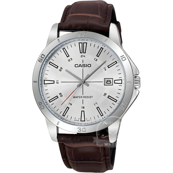 casio mtp v004l 7c men’s quartz leather watch Silver analog watch with leather strap