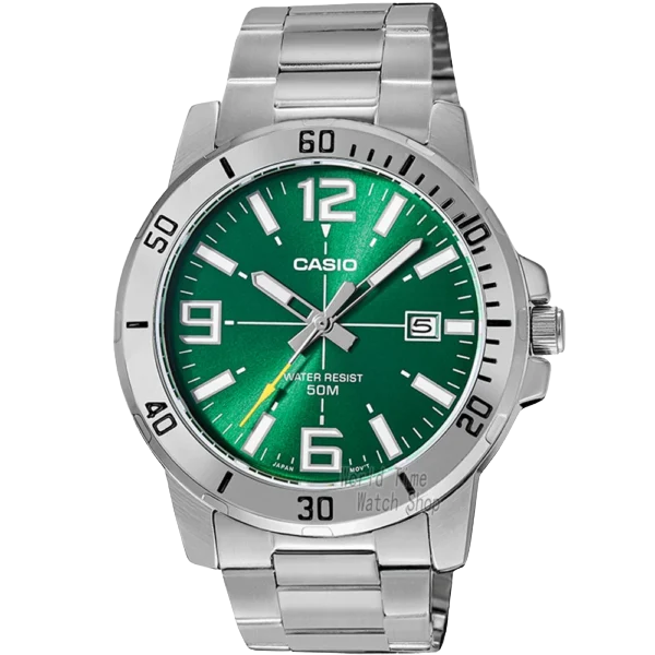 casio mtp vd01d 3b men’s stainless steel quartz watch green metal analog watch