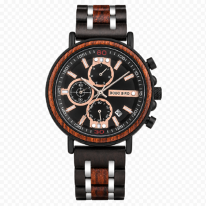 Wooden analog watch with black dial.