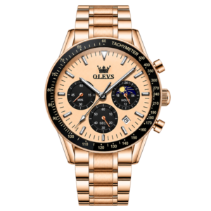 Rose gold chronograph watch.