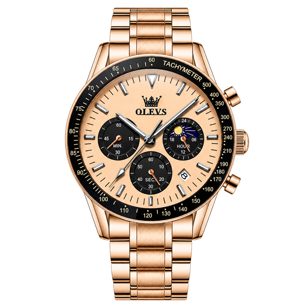 olevs 3618 men’s quartz chronograph moon phase watch Rose gold chronograph watch.