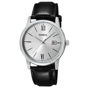 Silver face black leather watch