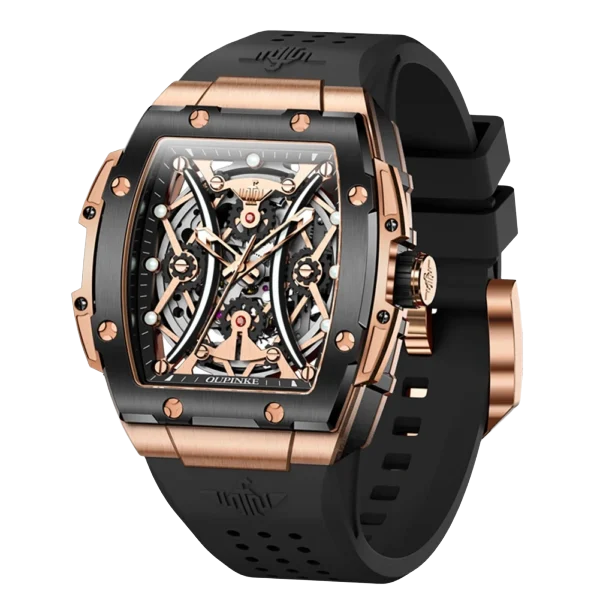 oupinke 3215 classic tonneau silicone strap men’s watch Skeleton automatic watch black rosegold