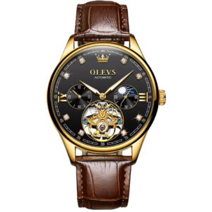 Gold automatic watch with leather strap