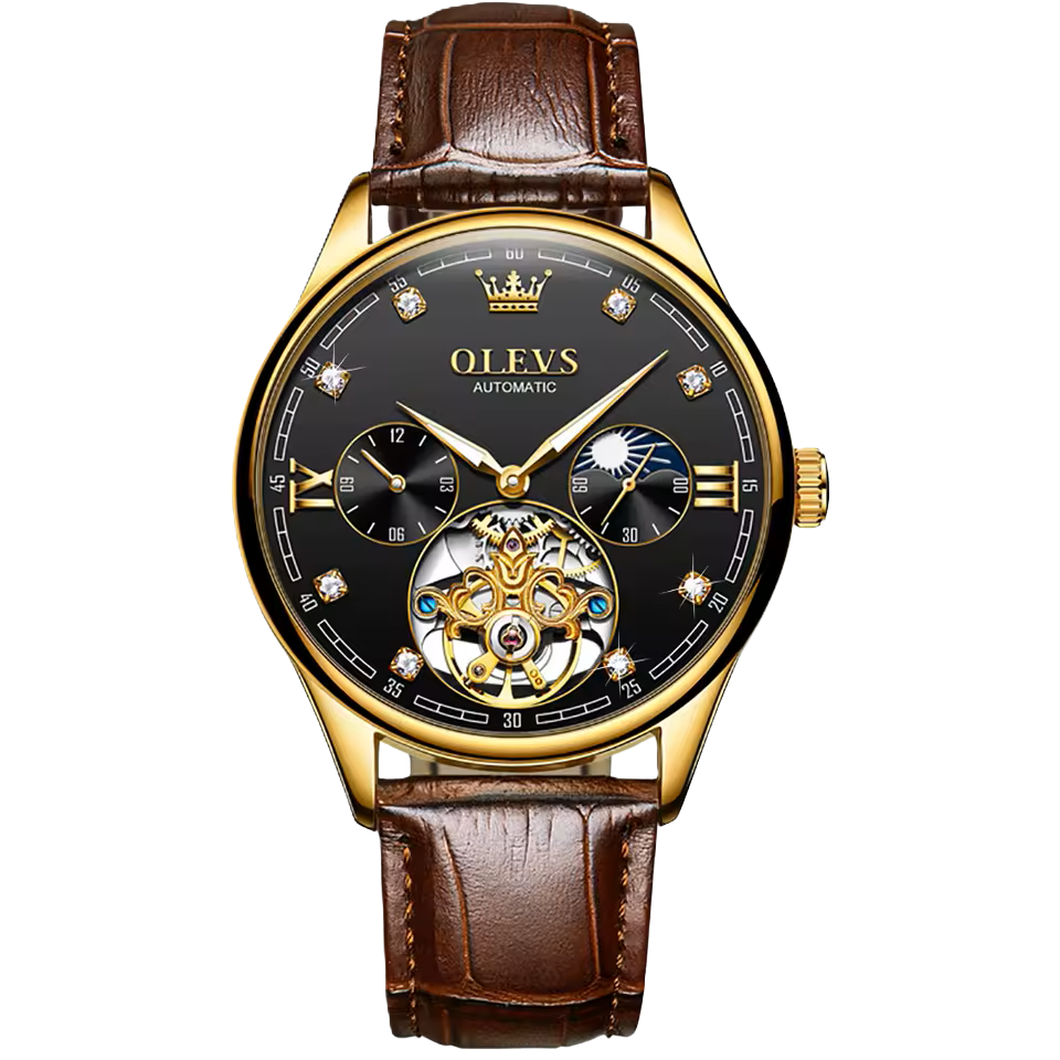 olevs 3601 skeleton moon phase automatic men’s watch Gold automatic watch with leather strap