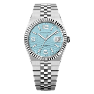 Silver watch with light blue dial