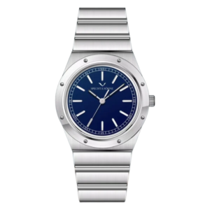 Silver watch with blue dial