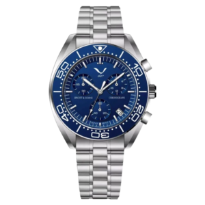 Blue chronograph watch with steel band