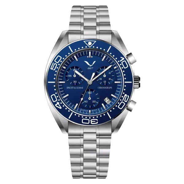 specht & söhne 007 men’s quartz chronograph sport watch Blue chronograph watch with steel band