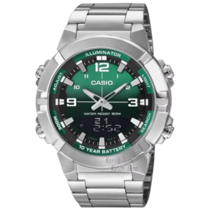 Green and silver analog-digital watch