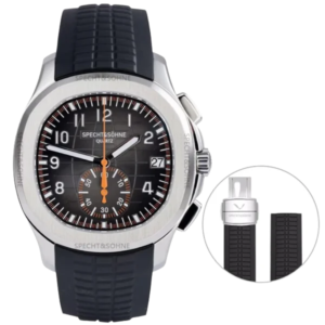 Silver chronograph watch with black strap.