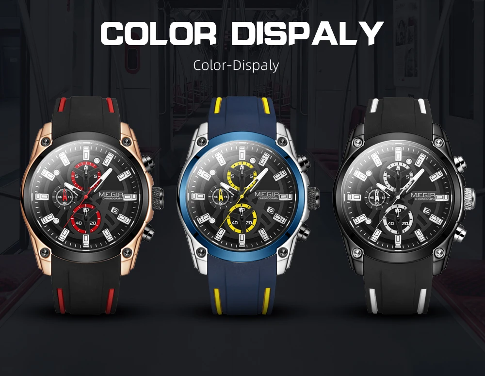 megir men's military sport watches men waterproof fashion blue silicone strap wristwatch man luxury top brand luminous watch Three watches color display