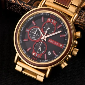 Golden watch with wood accents
