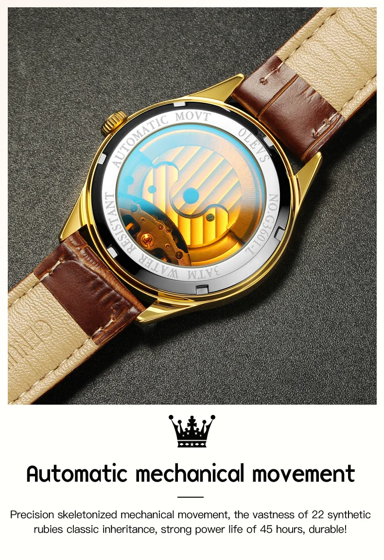 olevs brand gold blue classic moon phase automatic men watches tourbillon mechanical watch men leather waterproof reloj Gold automatic watch movement