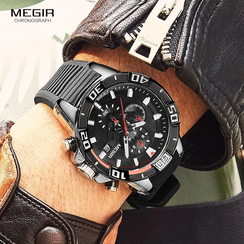 megir fashion quartz watch men luxury military sport wristwatch chronograph waterproof relogio masculino top brand clock 2121 Men's black chronograph watch