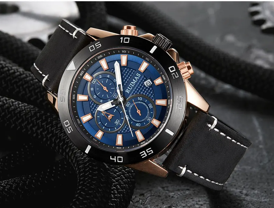 megir & ruimas 2020 chronograph quartz watches men fashion luxury leather strap wristwatch casual waterproof luminous watch man Blue dial luxury men's watch