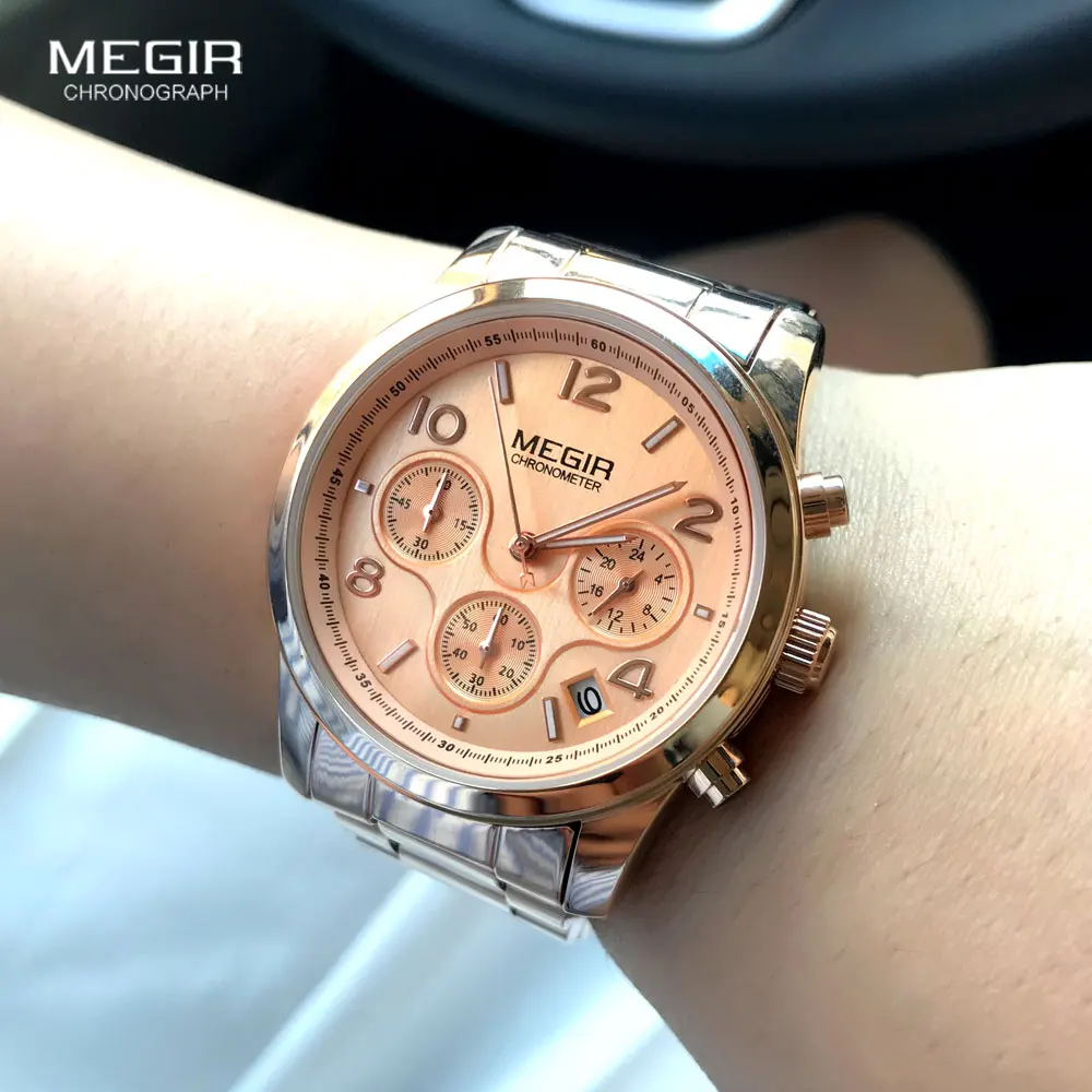 megir ladies watch chronograph quartz watches women top brand luxury rose gold wristwatch relogio feminino часы женские 2057 Rose gold chronograph watch