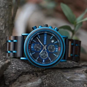 Blue wooden chronograph watch
