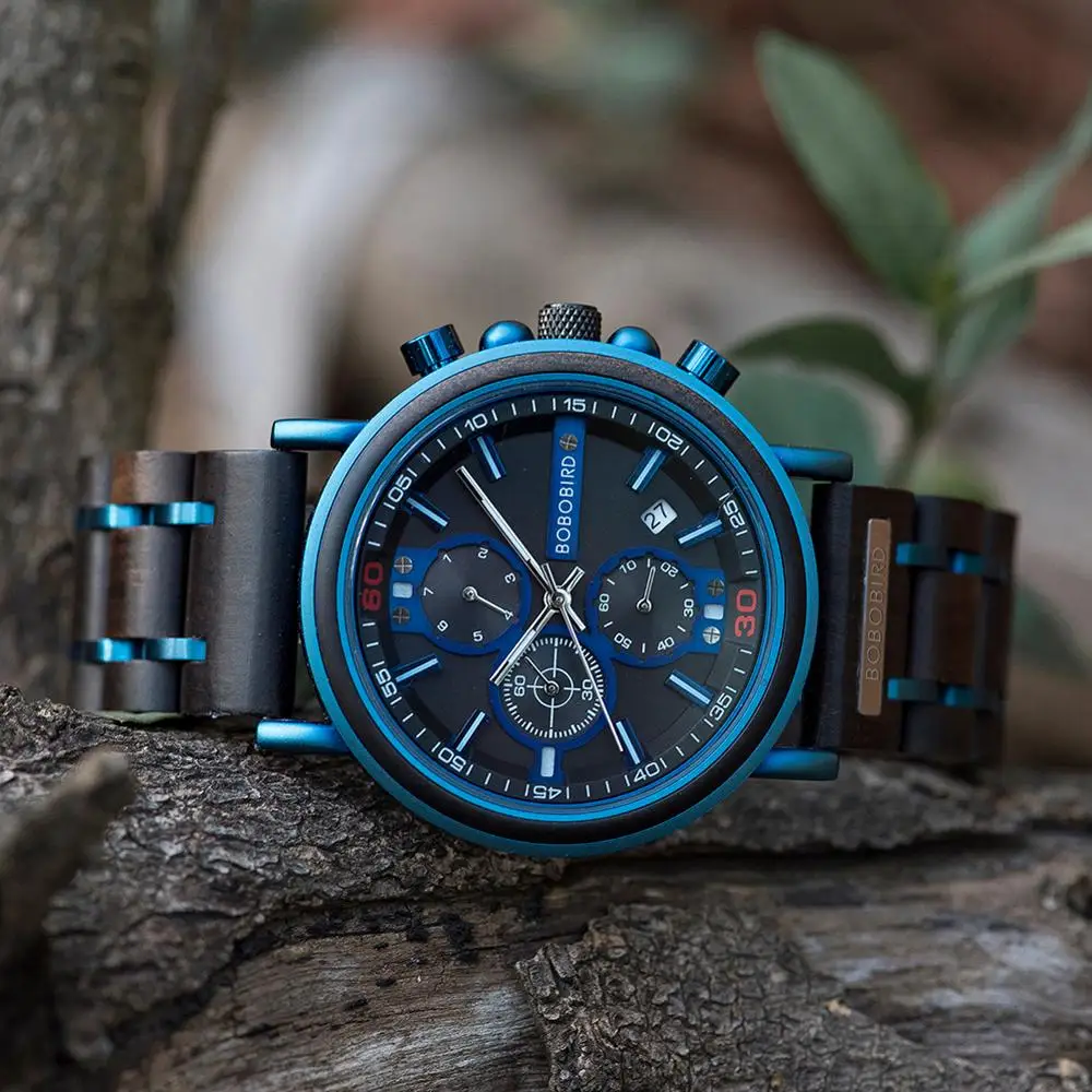 reloj hombre bobo bird new wooden watch men top brand luxury chronograph military quartz watches for man dropshipping customized Blue wooden chronograph watch
