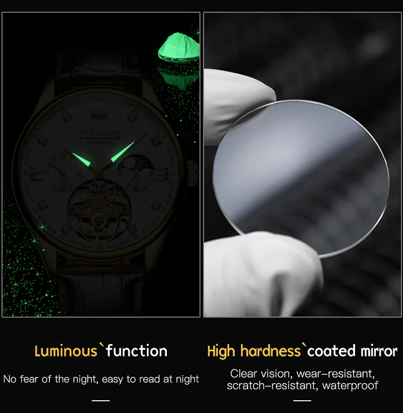 olevs brand gold blue classic moon phase automatic men watches tourbillon mechanical watch men leather waterproof reloj Luminous watch dial and mirror