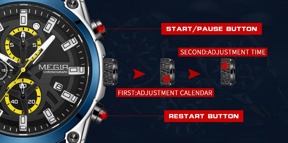 megir men's military sport watches men waterproof fashion blue silicone strap wristwatch man luxury top brand luminous watch Watch button functions explained
