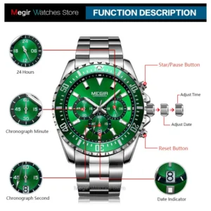 Green chronograph watch function description.