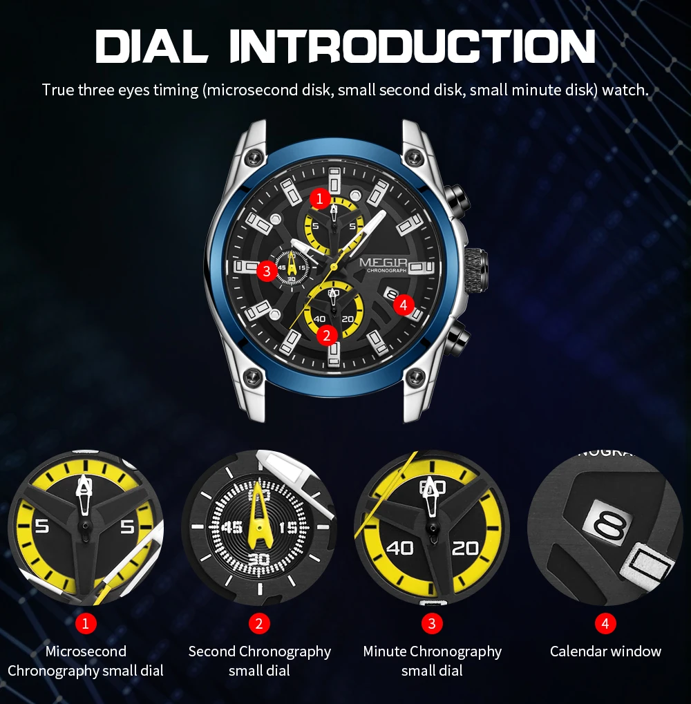 megir men's military sport watches men waterproof fashion blue silicone strap wristwatch man luxury top brand luminous watch Chronograph watch dial introduction