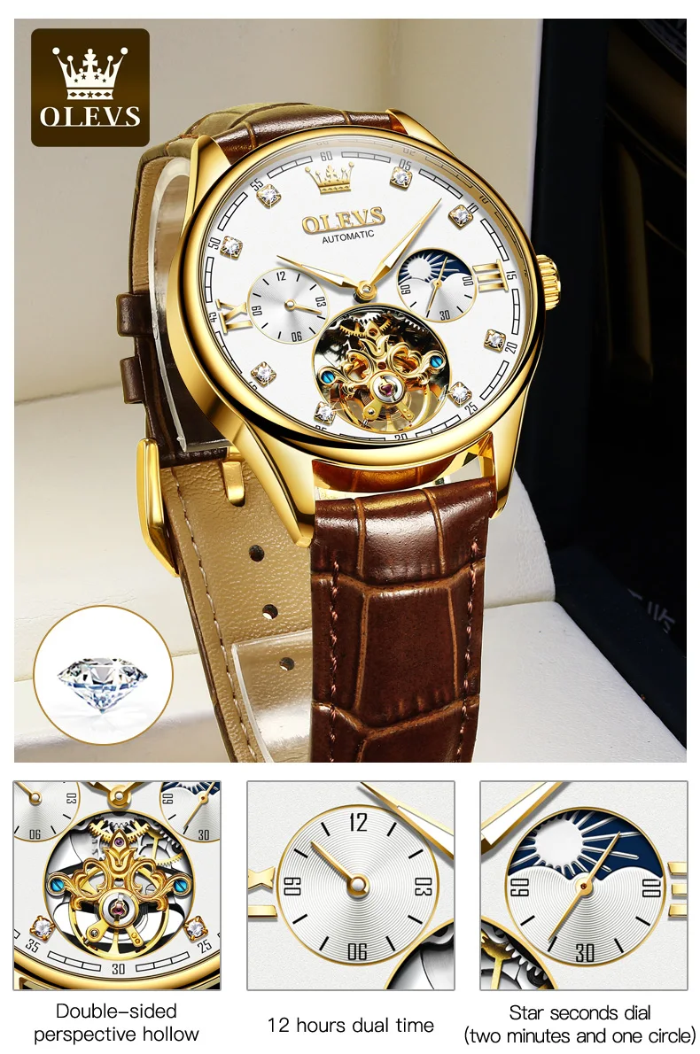 olevs brand gold blue classic moon phase automatic men watches tourbillon mechanical watch men leather waterproof reloj Luxury gold automatic men's watch