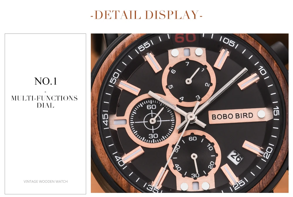 reloj hombre bobo bird new wooden watch men top brand luxury chronograph military quartz watches for man dropshipping customized Wooden watch multi-function dial
