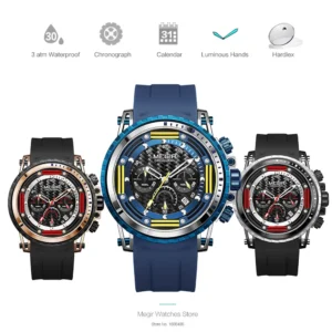 three chronograph watches displayed