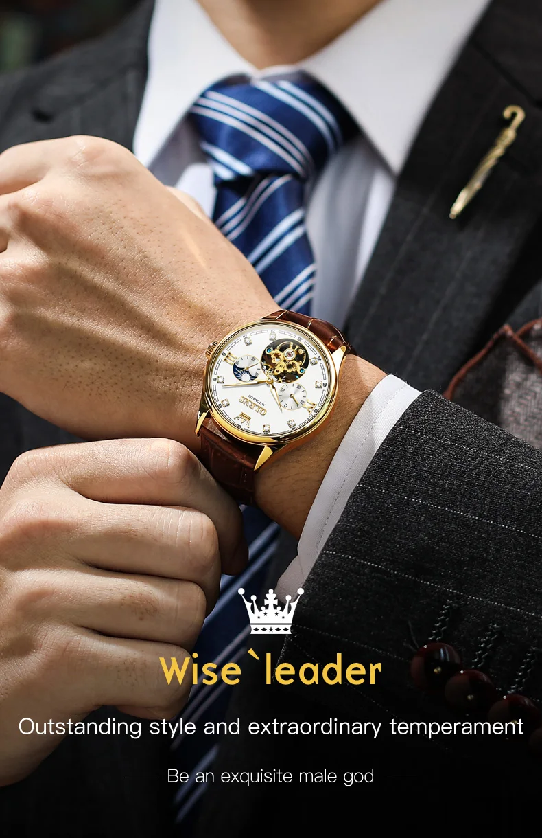 olevs brand gold blue classic moon phase automatic men watches tourbillon mechanical watch men leather waterproof reloj Man's wrist wearing a watch