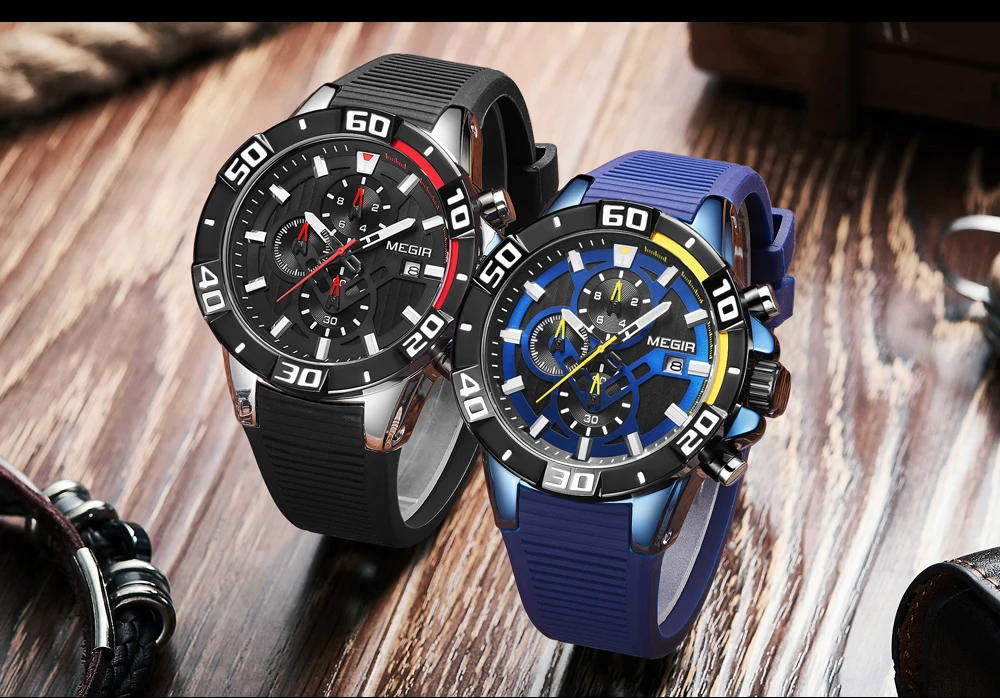 megir fashion quartz watch men luxury military sport wristwatch chronograph waterproof relogio masculino top brand clock 2121 Two luxury watches display.