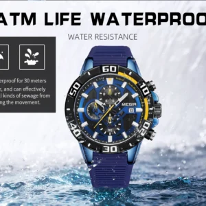 Blue waterproof watch splashes.