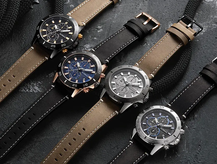 megir & ruimas 2020 chronograph quartz watches men fashion luxury leather strap wristwatch casual waterproof luminous watch man Men's watches with leather straps