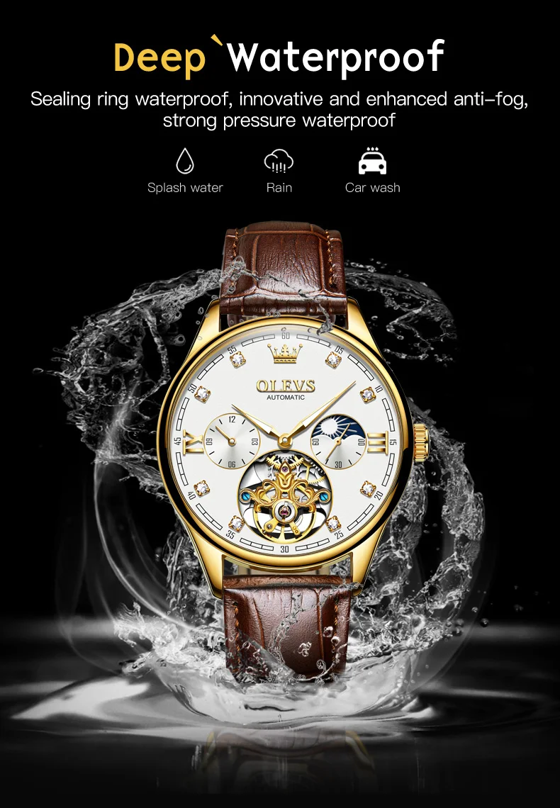 olevs brand gold blue classic moon phase automatic men watches tourbillon mechanical watch men leather waterproof reloj Gold watch with brown strap