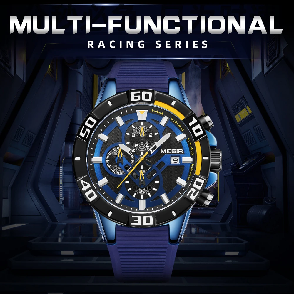 megir fashion quartz watch men luxury military sport wristwatch chronograph waterproof relogio masculino top brand clock 2121 Blue multi-functional racing watch