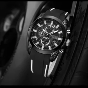 black chronograph watch with strap