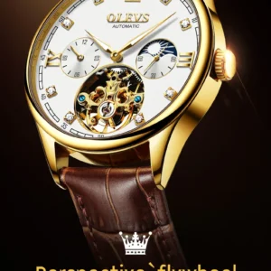 Gold mechanical watch with leather strap.