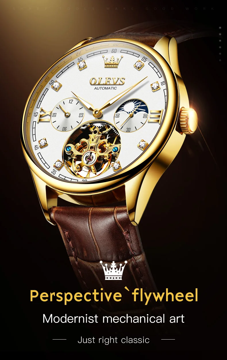 olevs brand gold blue classic moon phase automatic men watches tourbillon mechanical watch men leather waterproof reloj Gold mechanical watch with leather strap.
