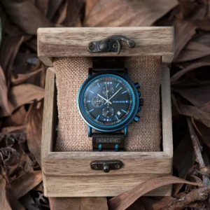 Blue chronograph watch in box