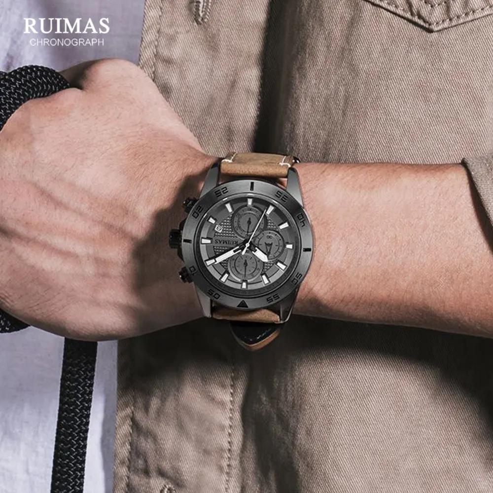 megir & ruimas 2020 chronograph quartz watches men fashion luxury leather strap wristwatch casual waterproof luminous watch man Men's chronograph watch on wrist