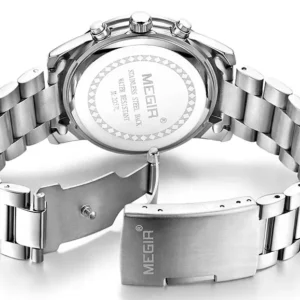 Silver metal watch bracelet close-up.