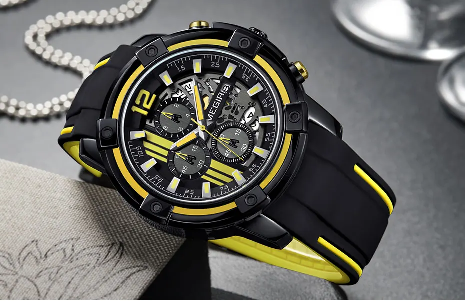 megir men's sports quartz watches army military chronograph wristwatch for man luminous relogios masculino clock 2097 black red black yellow sports watch