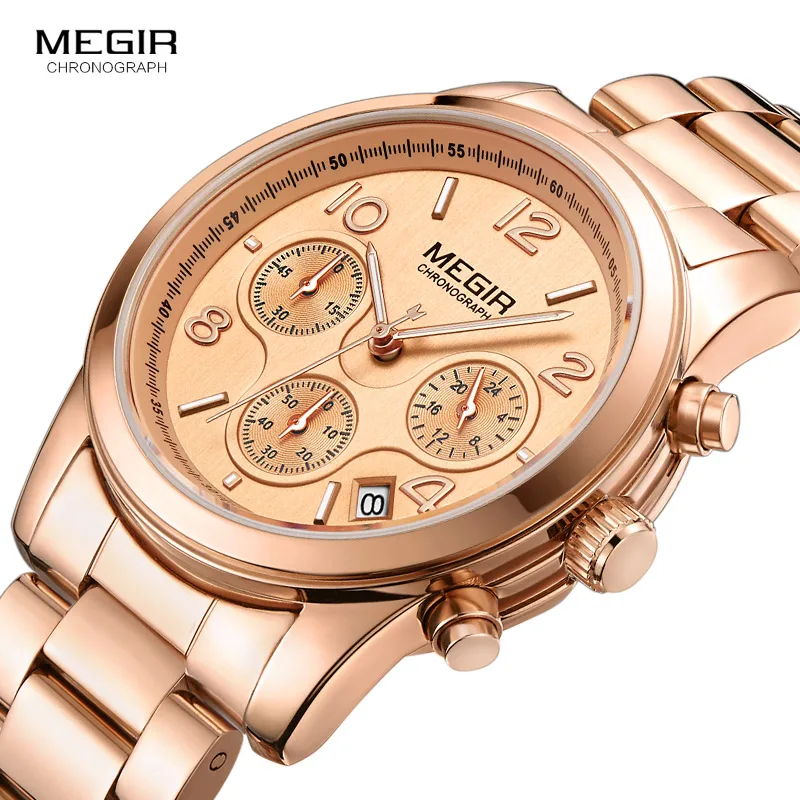 megir ladies watch chronograph quartz watches women top brand luxury rose gold wristwatch relogio feminino часы женские 2057 Rose gold chronograph watch