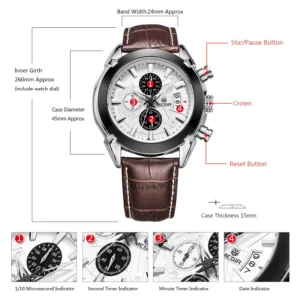 Men's chronograph watch with details.